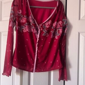 Free People Vibrant Red Floral Textured Top